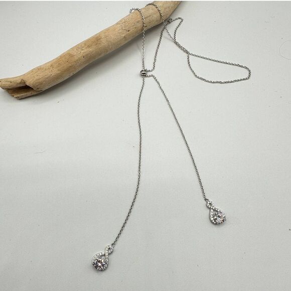 Y Shape Lariat Double Layered Adjustable CZ Necklace - Picture 3 of 9